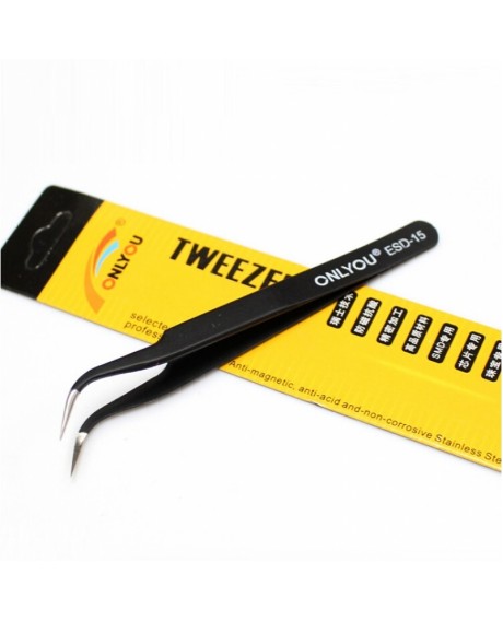 ONLYOU ESD-15 Antistatic Stainless Steel Tweezers Curved Fine Tip 12cm