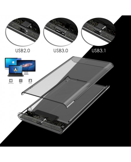 2.5'' Transparent HDD Case SATA 2.0/3.0/3.1 to USB 3.0 External Hard Disk Drive SSD Enclosure Box