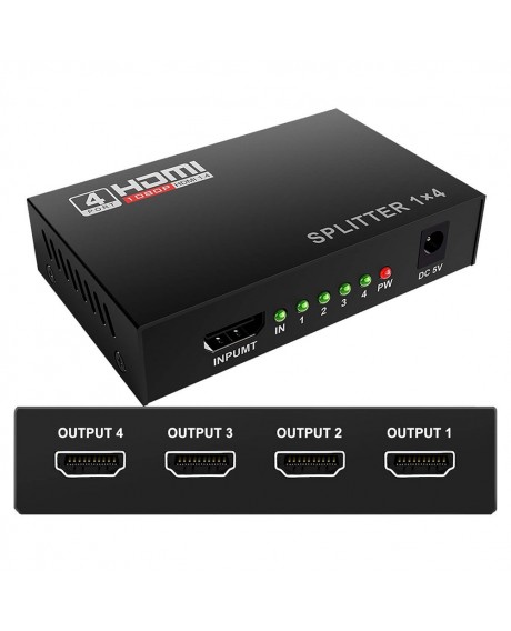 1 in 4 Out Full HD HDMI Splitter Amplifier Repeater 3D 1080p Hub